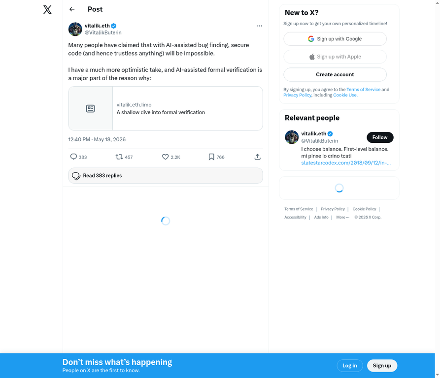 Vitalik Buterin tweet about AI-assisted formal verification, May 18 2026